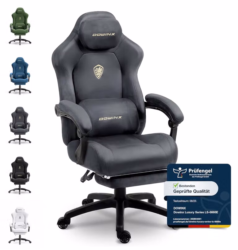 Sedia da gaming ergonomica con supporto lombare, rivestita in velluto, imbottitura spessa, poggiapiedi, braccioli regolabili e inclinazione fino a 160°. Colore: grigio