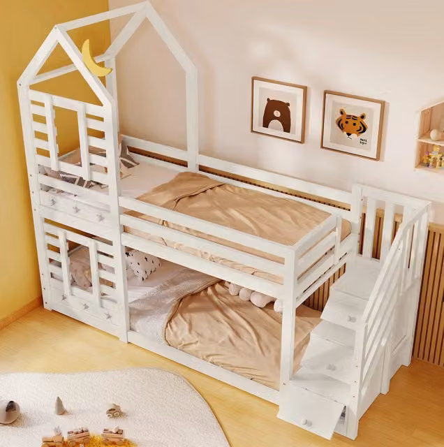 Letto a castello ULEVR 90x200 cm con cassetti, gradini contenitore e protezione anticaduta, bianco