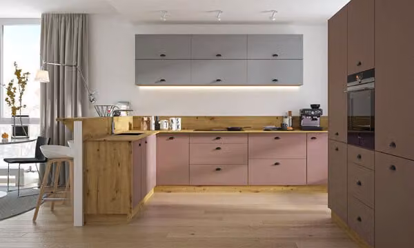 Blocco cucina a L "Bonn AV" 170x310cm ad estrazione totale rovere artigianale frontale grigio polvere - rame rosato opaco
