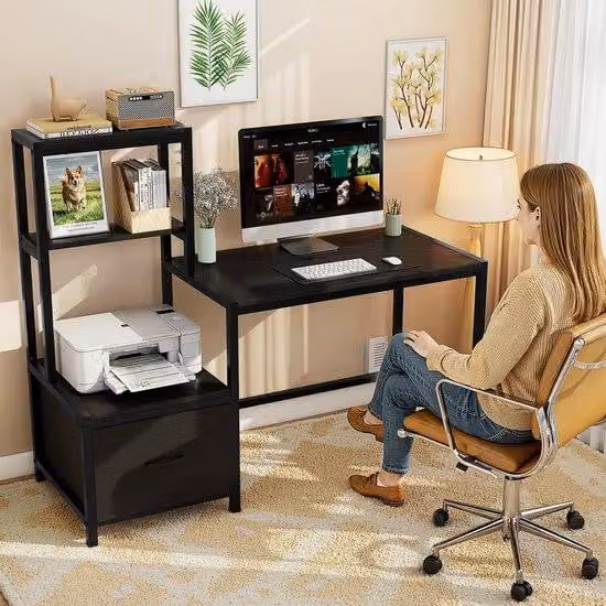 Ibenzoa® Scrivania multifunzionale 150 x 48 x 108 cm – Struttura in acciaio, piano di 12 mm, vano per stampante 48 x 48 cm, cassetto rivestito in tessuto, capacità di carico di 75 kg, ripiani reversibili, gancio per cuffie