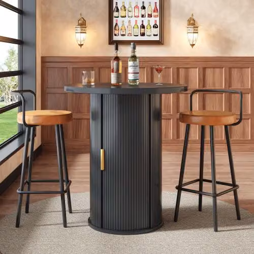 Tavolino da bar Flieks con vano portaoggetti, tavolino alto con armadietto, portata massima 75 kg, per bar e soggiorno, tavolo da pranzo rotondo 60x60x91,6 cm, nero