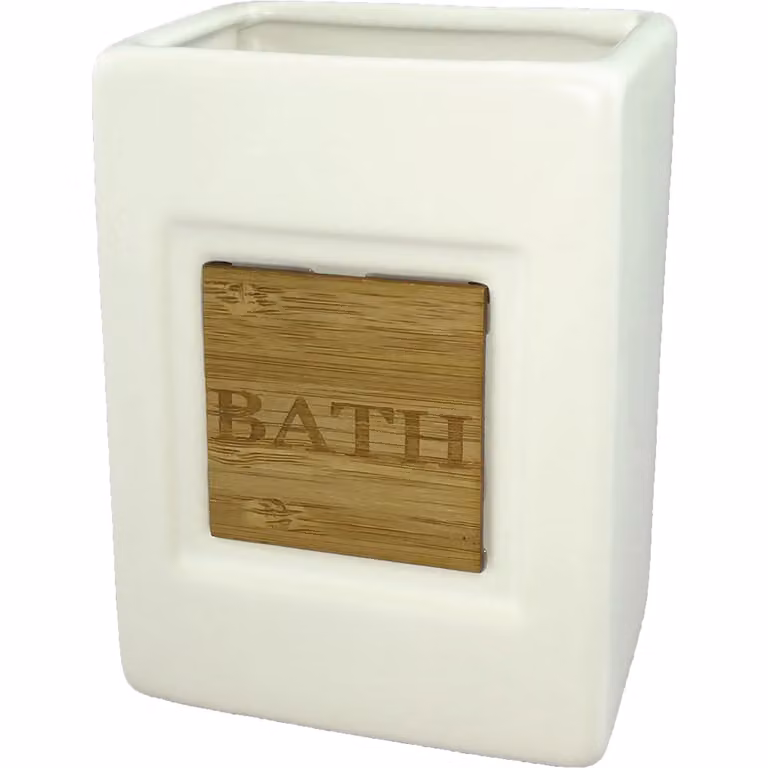 Portaspazzolini da bagno Vestiamo Casa in ceramica bianca e bamboo, modello freestanding, H 11,5 cm x L 9,5 cm x P 6,5 cm