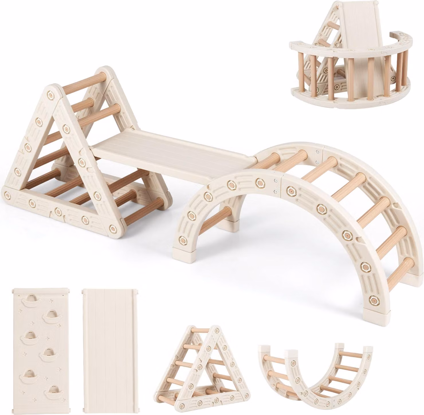 Costway 5-in-1 struttura per arrampicata da interno, triangolo per arrampicata con arco, triangolo in legno, scivolo e rampa doppia, attrezzatura da gioco pieghevole per bambini dai 3 ai 6 anni