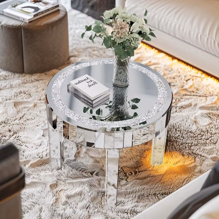 Tavolino rotondo in vetro argento cristallo Ø60cm lusso moderno 60×60×50 cm