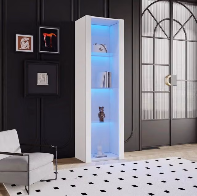 Vetrina ULEVR 55x38x166 cm con 3 ripiani in vetro e illuminazione LED controllata tramite app, bianca lucida