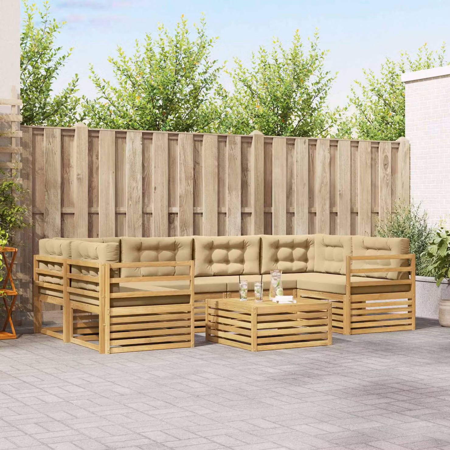 vidaXL Set di divani da esterno a L composto da 7 pezzi con tavolino, Bianco e Beige, in legno di acacia e tessuto