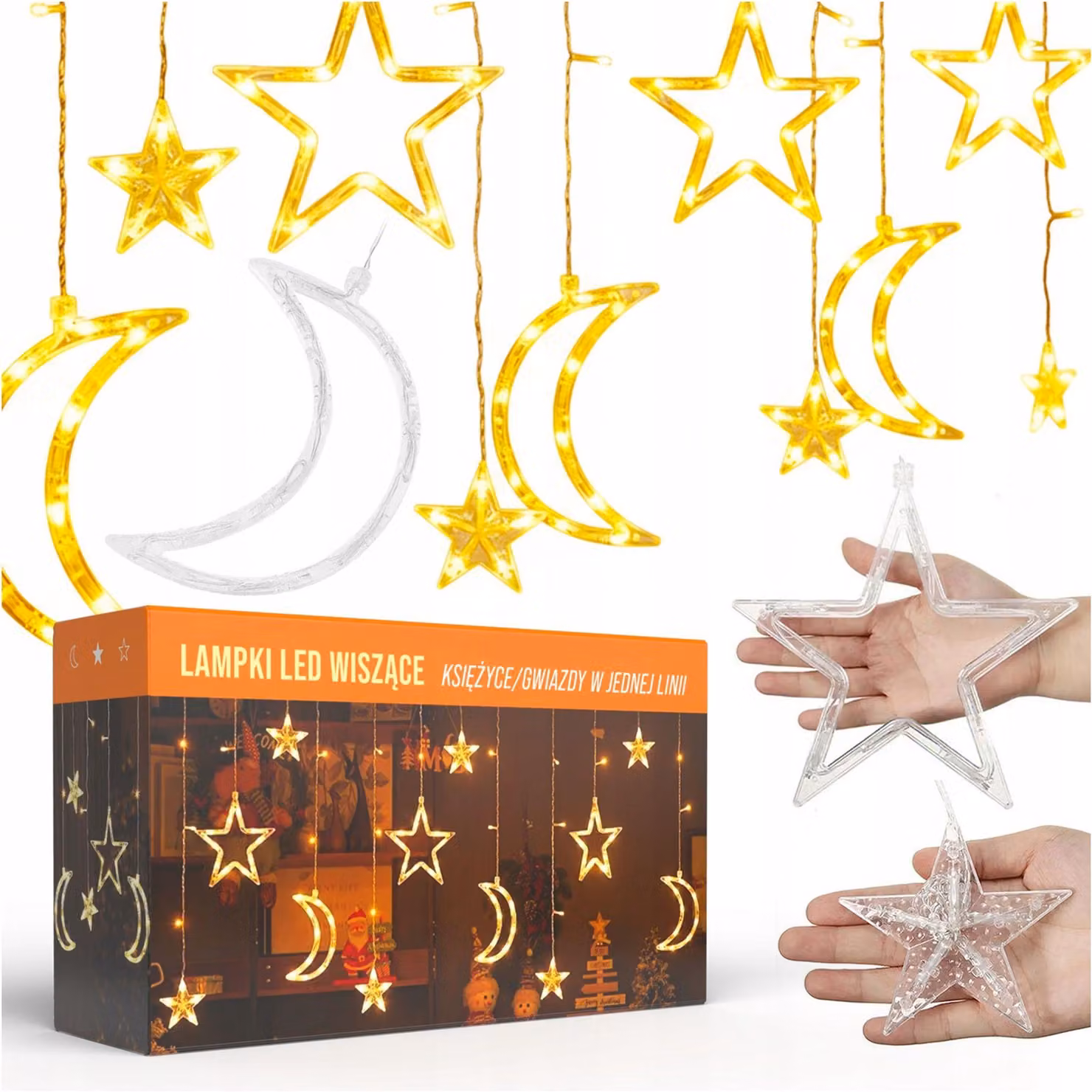 Tenda luminosa a LED con stelline, luce bianca calda, luci natalizie, ghirlanda per finestre