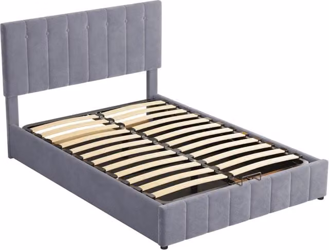 Letto imbottito 140x200 cm con contenitore idraulico, testiera regolabile in velluto grigio e rete a doghe in metallo