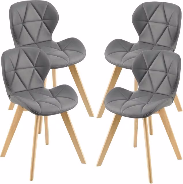 Set di 4 sedie da pranzo moderne in similpelle grigio con gambe in legno di faggio, L/P/H: 57 x 44 x 81 cm