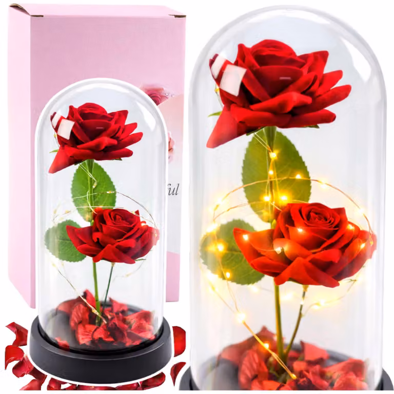 2 Rose Eterne A Cupola Con Illuminazione A Led E Petali Di Rosa Rosse 21x11cm