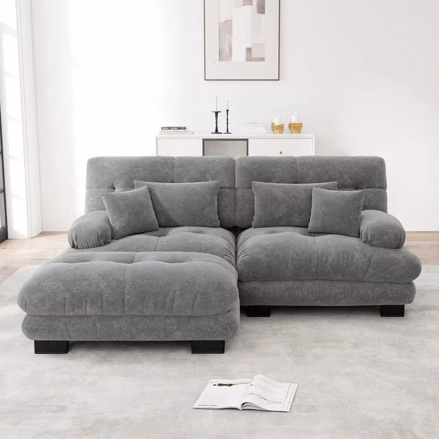 Divano angolare 2 posti con poggiapiedi ¨C Minimal ¨C grigio chenille imbottito con braccioli e cuscini