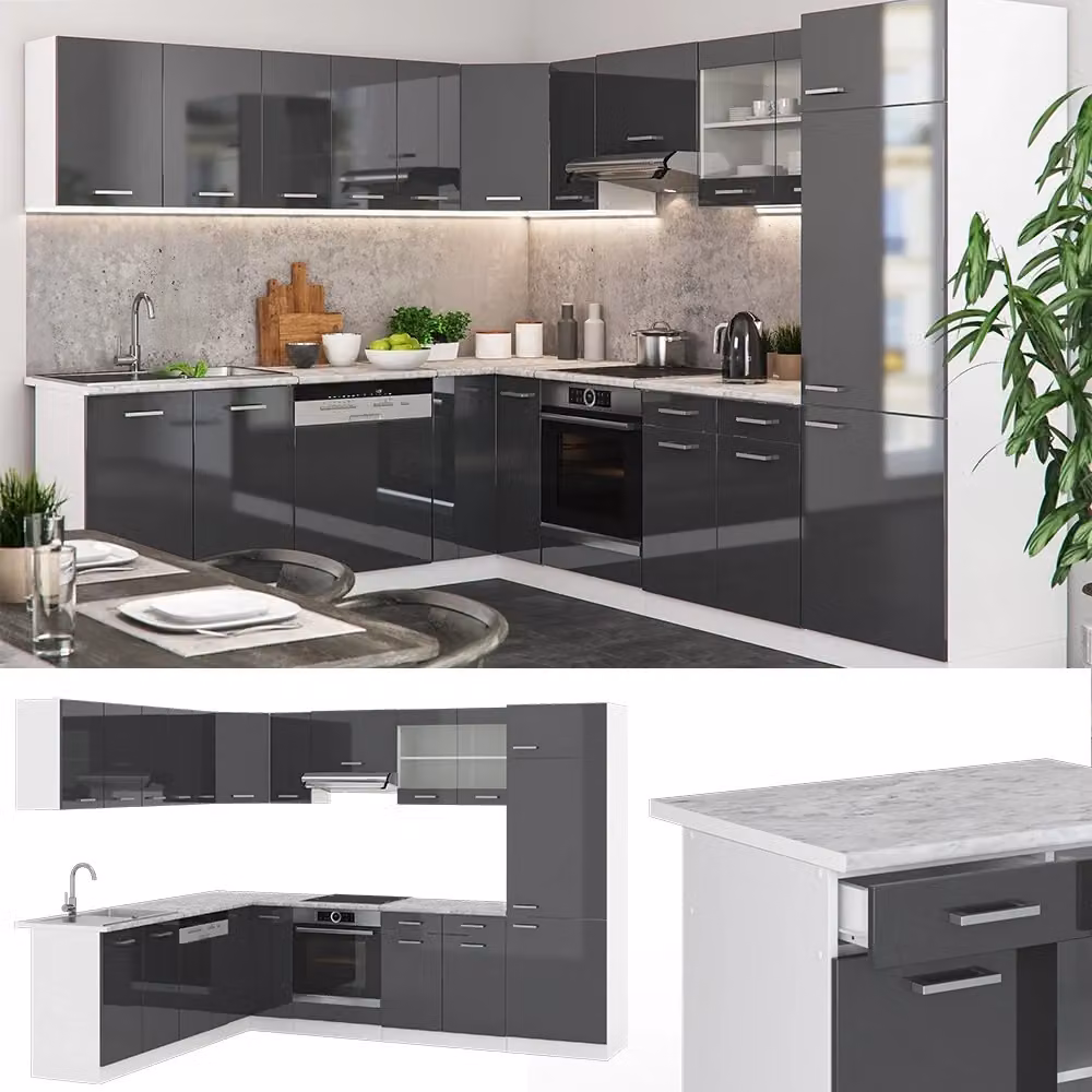 Cucina angolare moderna R-Line Vicco in antracite lucido e bianco L 287 cm x P 227 cm – 2