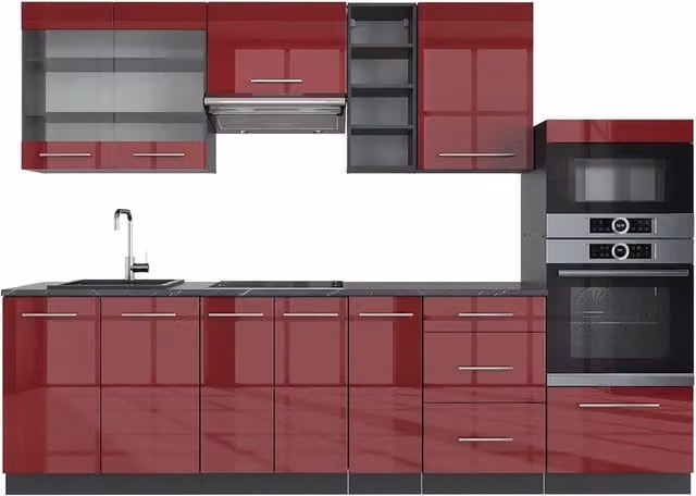 Cucina componibile moderna Vicco Fame-Line Bordeaux lucido e Antracite L: 280 cm