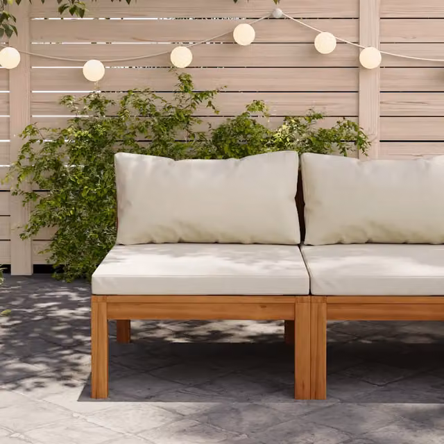 Divano Centrale Modulare Design Mania in Legno di Acacia con Cuscini Bianco e Beige
