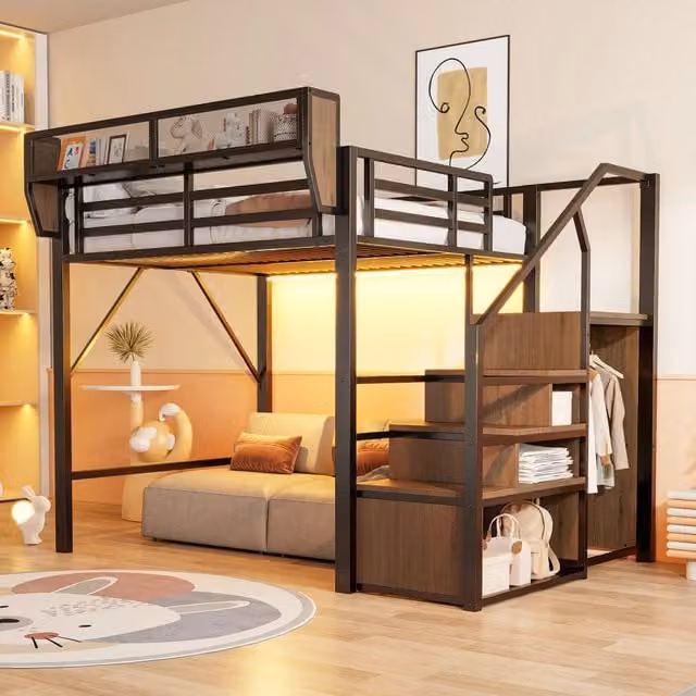 Letto a soppalco 140x200 cm con LED e scala di sicurezza in metallo nero