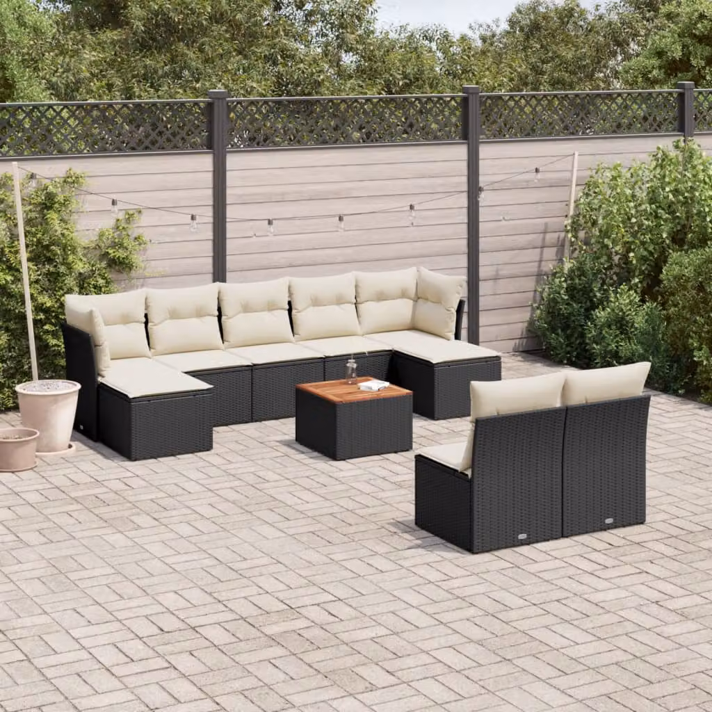 vidaXL Set Divani da Giardino 10pz in Polyrattan con Cuscini e Tavolino da Esterno Nero – 1