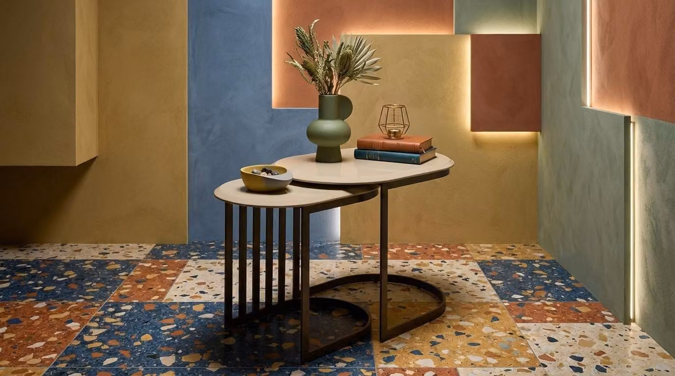 Set di tavolini design nidificato, color beige, con struttura in metallo