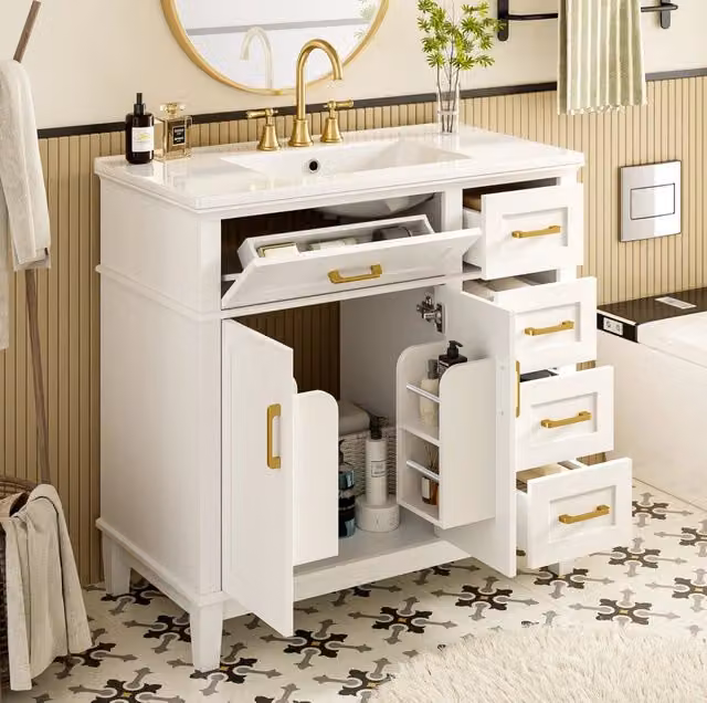 Mobile bagno freestanding ULEVR 90x46x87 cm con lavabo in ceramica, 5 cassetti e 2 ante, bianco