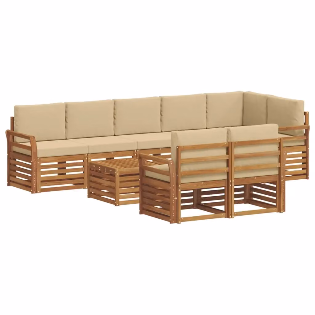 Set di divani da esterno a L vidaXL in legno di acacia con tavolino da caffè e cuscini, Beige e Marrone – 2