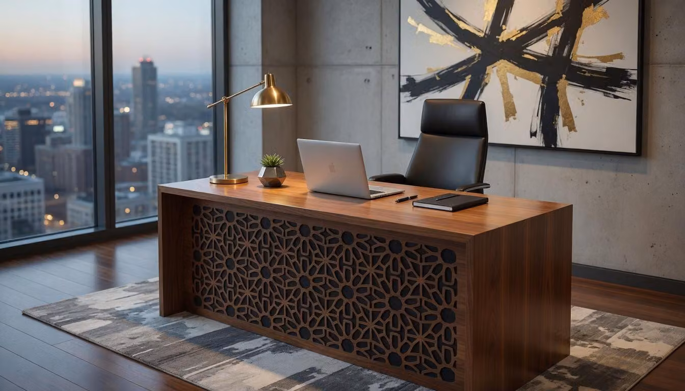 Scrivania moderna in legno con motivi decorativi, ideale per il vostro ufficio