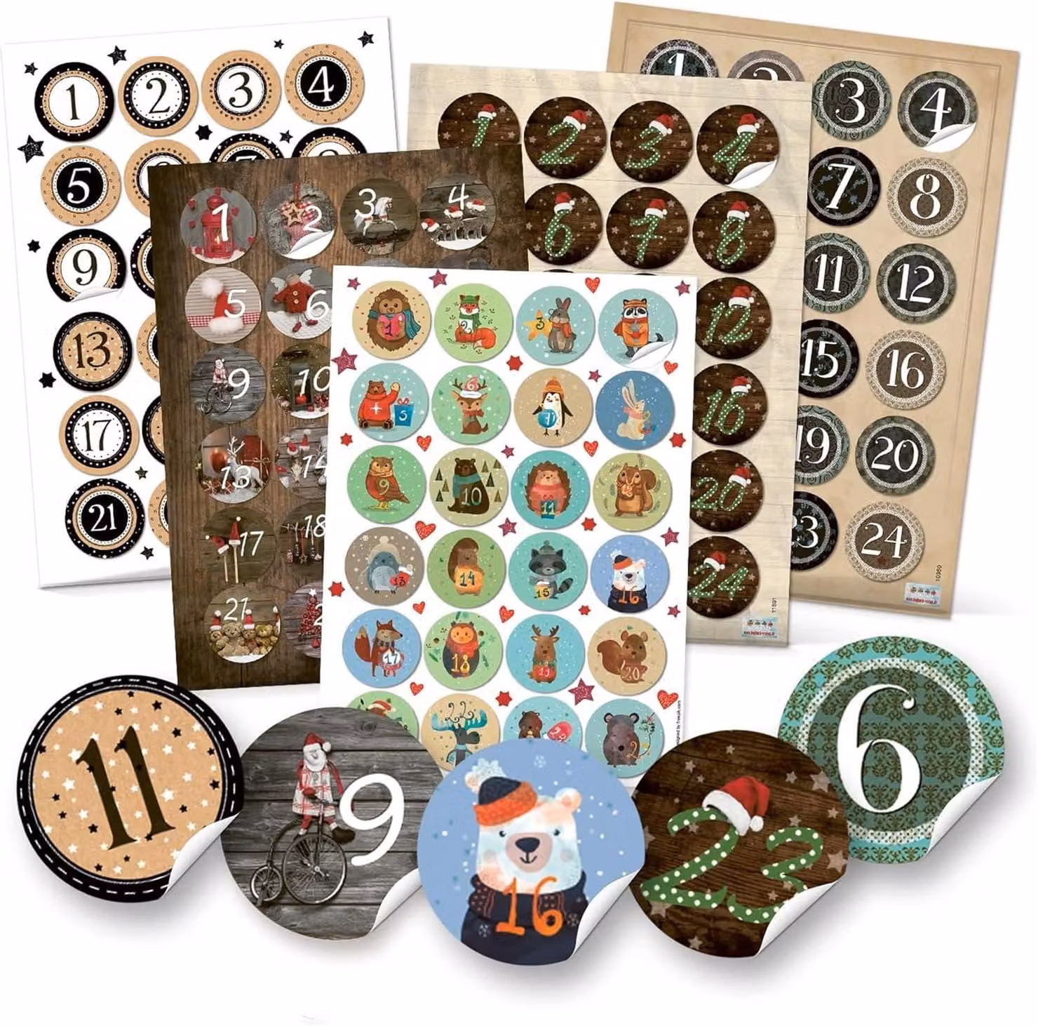 Adesivi con numeri per calendario dell'avvento, set 5 x 24: numeri da 1 a 24, ideali per decorazioni natalizie fai-da-te. Adesivi rotondi con numeri, diametro 4 cm. Adesivi per calendario dell'avvento, adatti ai bambini