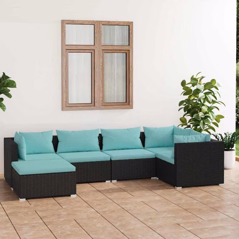 Set Salotto da Giardino vidaXL a Forma di L in Polyrattan con Cuscini e Ottoman, Colore Nero, Blu e Turchese