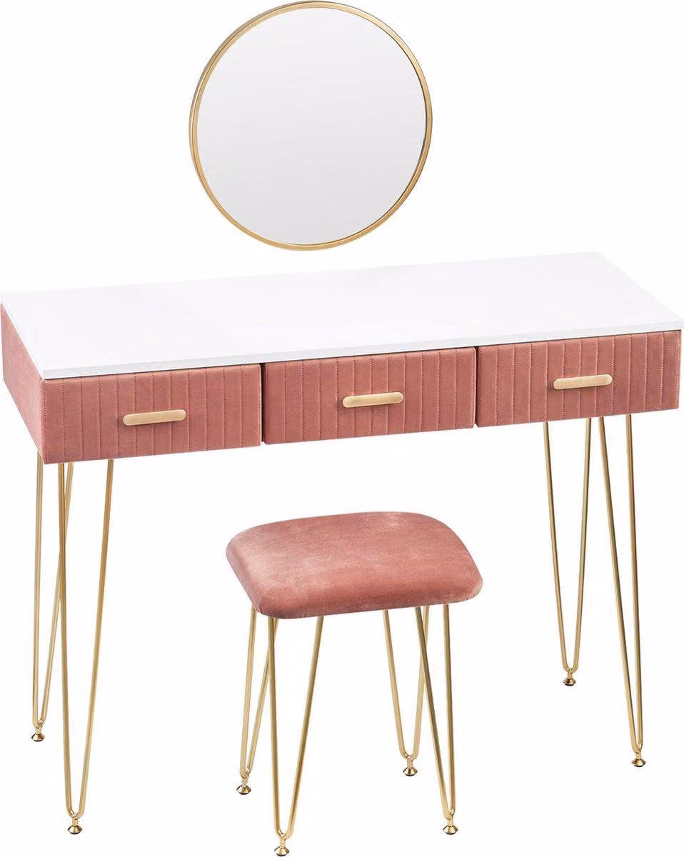 Happyment Make-up Table DeLuxurious - Con specchio e crocifisso - Bambini e adulti - Tavolo da trucco per ragazze - Bianco/Oro - 80x40x76cm