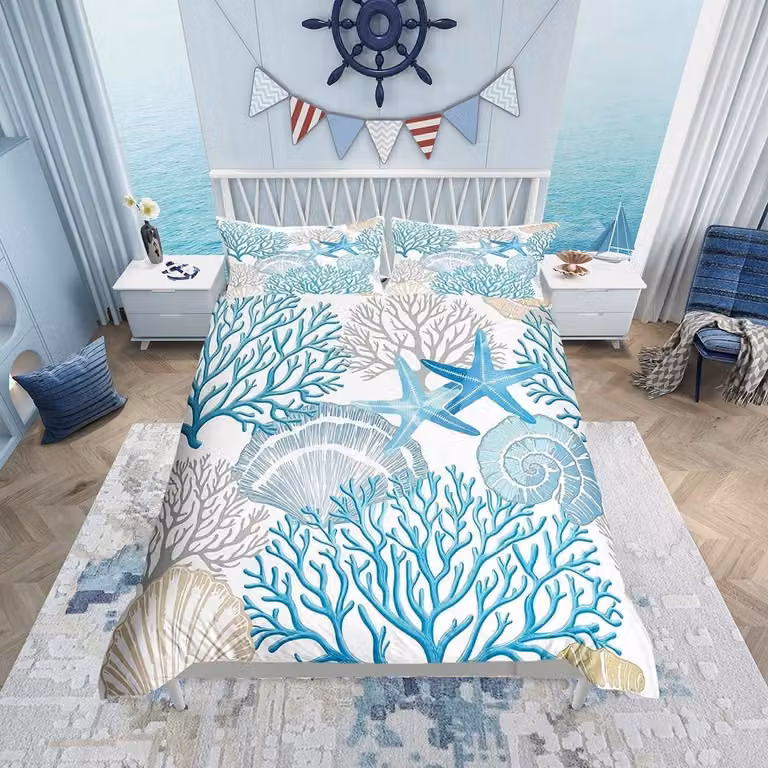 Set di lenzuola per copripiumino "Oceano" - Blu, motivo tropicale con coralli - Singola