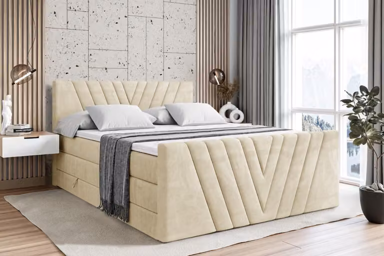Letto boxspring ALTDECOR con pediera, 2 materassi e topper - 120x200 cm - ERNINA-Z KING - Velluto beige - Letto imbottito con materassi H3 e H4, contenitore e rete a doghe, letto con contenitore