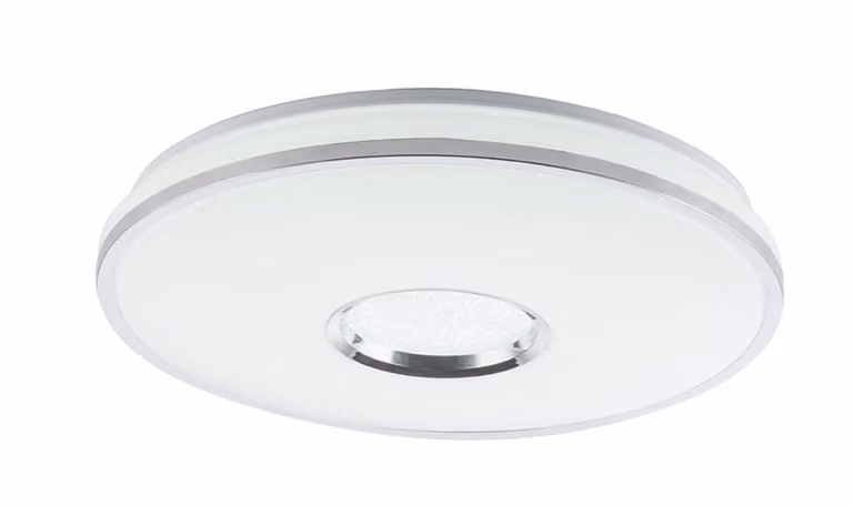 Lampada da soffitto Globo, metallo bianco cromato, diffusore in acrilico opaco con effetto scintillante, dimmerabile, con più livelli di intensità controllabili tramite interruttore a muro, colori regolabili, funzione di memoria, luce notturna, timer, tel