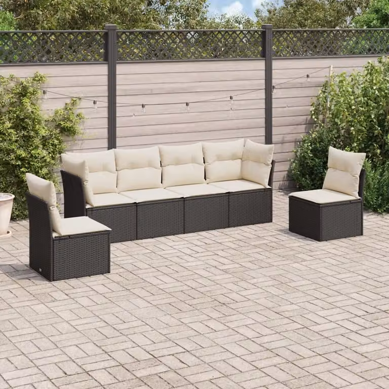 vidaXL Set Divano da Giardino a L con Cuscini, 6 Pezzi, Nero e Bianco, Struttura in Metallo e Polyrattan