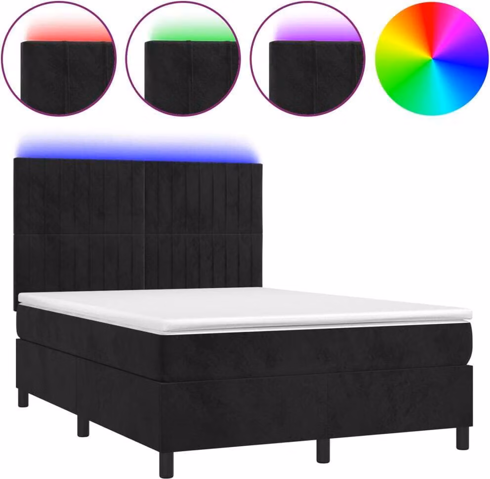 Letto a Molle con Materasso e LED Nero 140x200 cm in Velluto