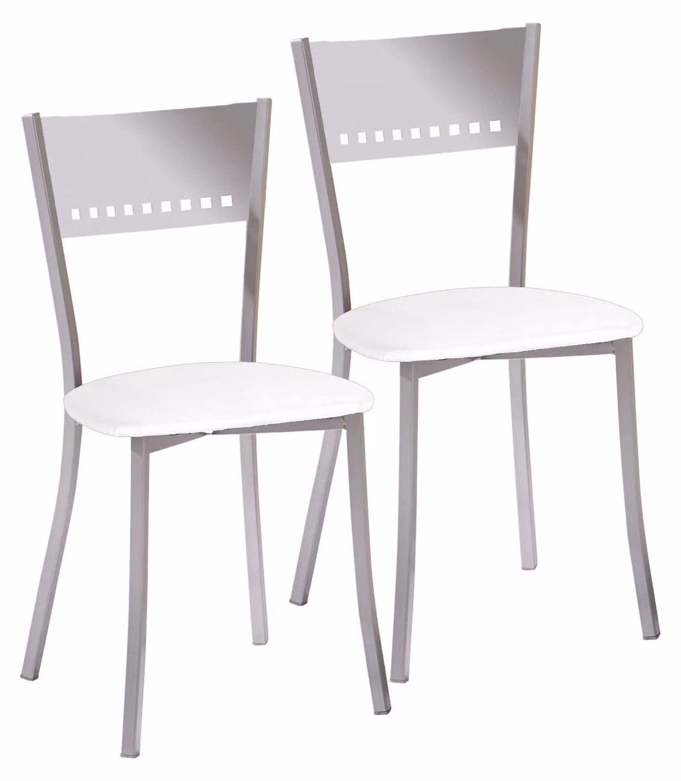 2 sedie da pranzo, rivestite in ecopelle, struttura in metallo, forma trapezoidale, colore bianco