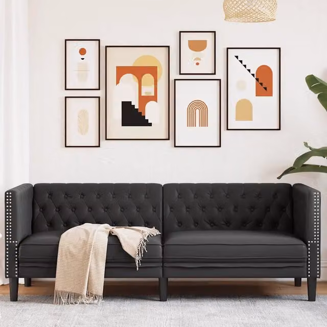 Divano Chesterfield a 3 Posti-Sofa 3 Posti-Divanetto Nero in Similpelle