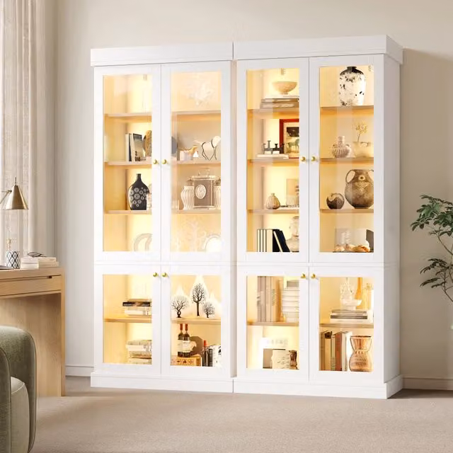 Vetrina alta Mivray in MDF e vetro con LED multicolore regolabile e ante in vetro, bianca, L/P/H: 160 x 40 x 180 cm