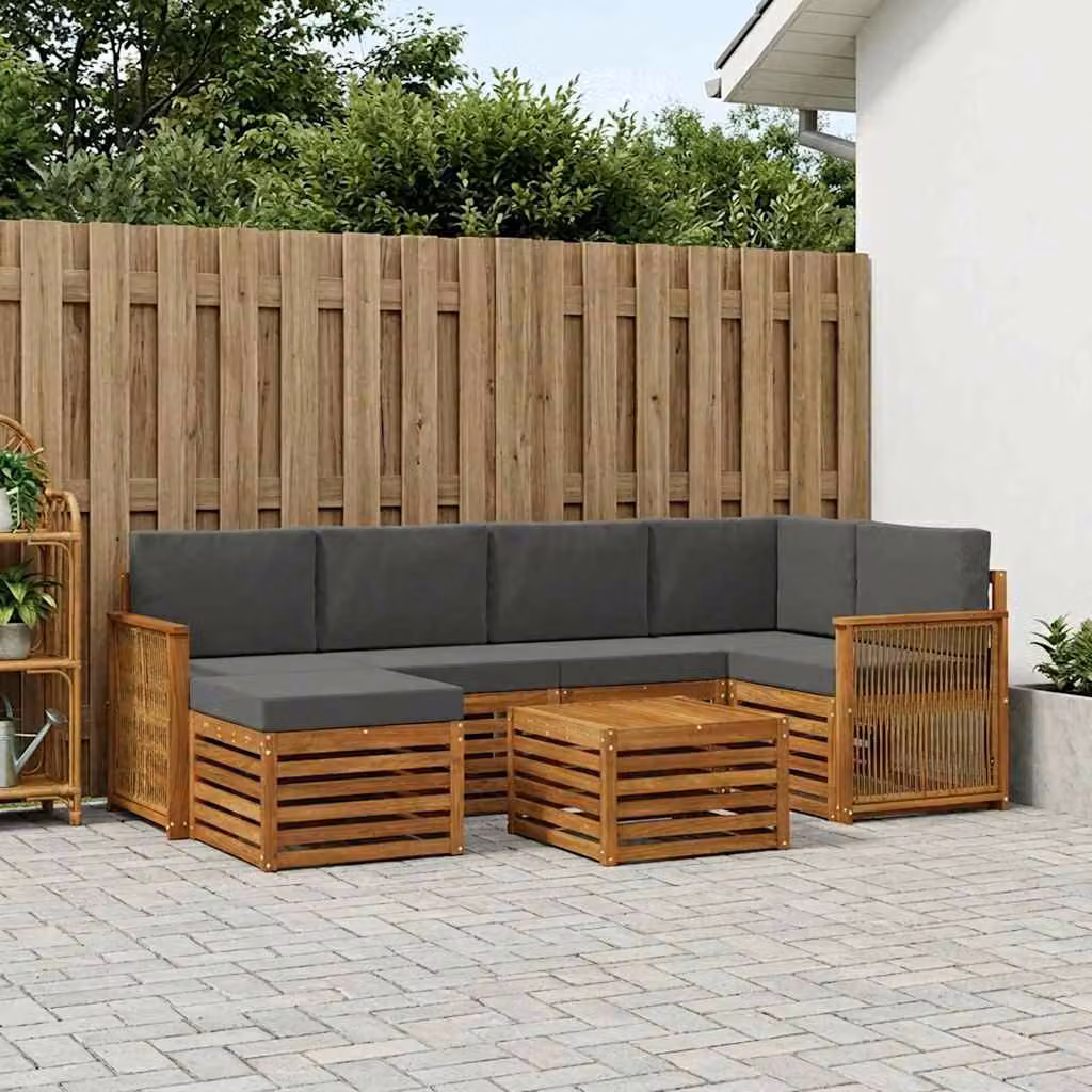 vidaXL Set di divani da esterno a L in legno di acacia con cuscini, colore beige e antracite