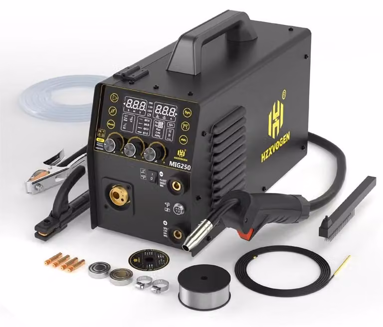 Saldatrice MIG250 - 5 in 1: MIG/MAG, MMA, TIG - Adatta all'uso con o senza gas - Per l'alluminio - Inverter IGBT con ampio display LED - Alimentazione 220–240V, spina EU