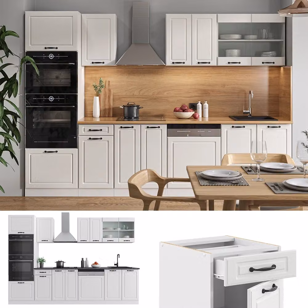 Cucina componibile Vicco R-Line Bianco rustico con armadio alto e piano in marmo, L: 300 cm – 2