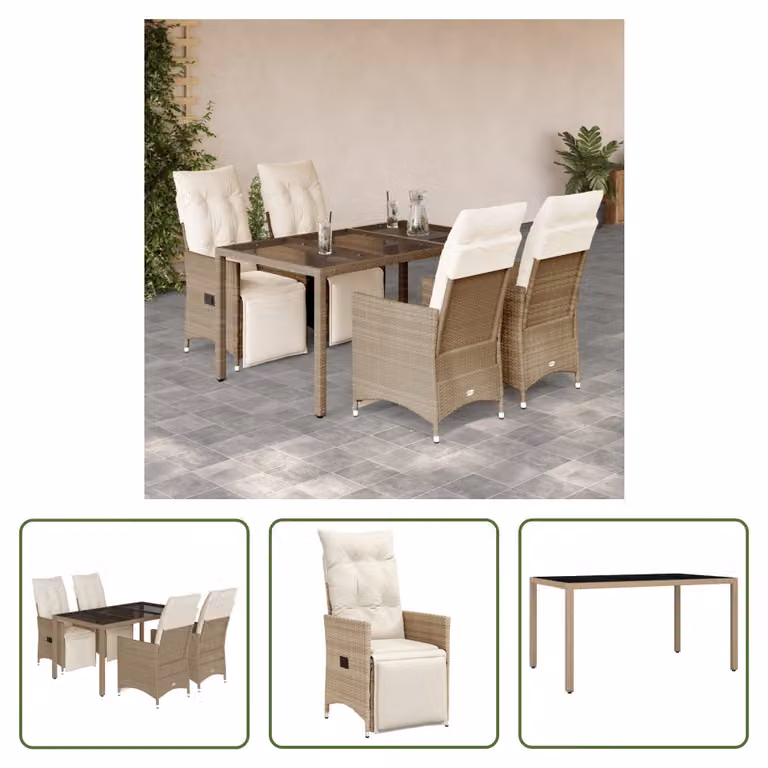 The Living Store Set da giardino bistrot 5 pezzi con cuscini Beige in poly rattan
