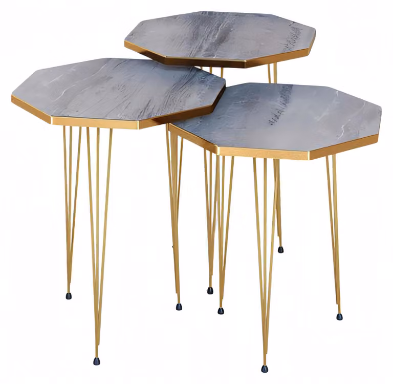 Elegantes graues Couchtisch-Set aus Holz und Edelstahl