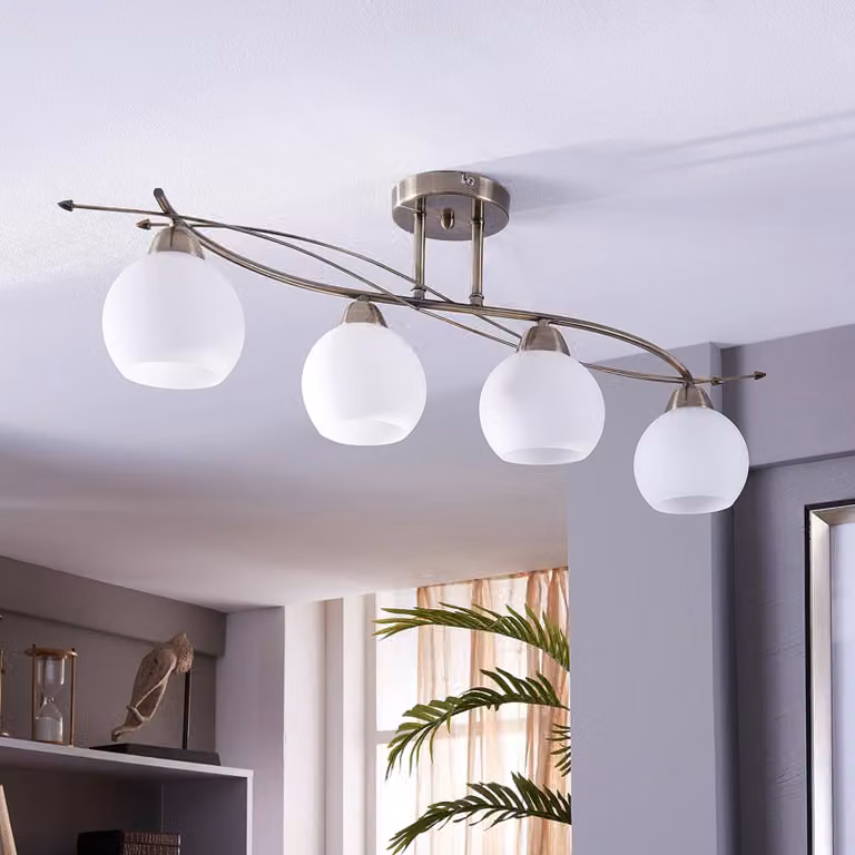 Plafoniera soffitto Leanda Lindby, dimmerabile, Bronzo / Ottone antico, Soggiorno / Sala da pranzo, Vetro, Moderno, Plafoniera