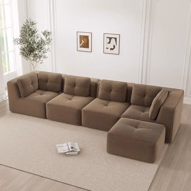 Divano angolare modulare OKWISH in tessuto corduroy marrone con seduta profonda e design moderno