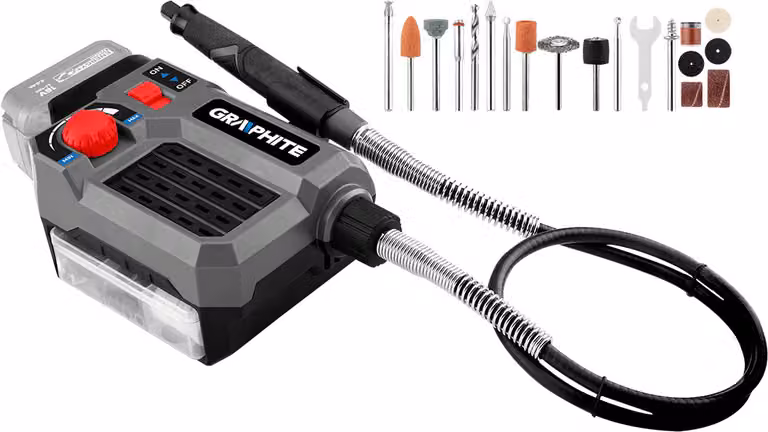 Mini smerigliatrice a batteria GRAPHITE 18 V per lavori di precisione: Smerigliatura, taglio, incisione, derattizzazione, fresatura, velocità 5000-33000/min, albero flessibile