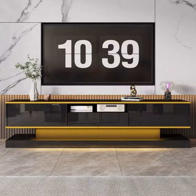 Mobile TV Mivray moderno con tre cassetti, superficie lucida nero e oro con illuminazione LED integrata, L/P/H: 180 x 38 x 45 cm