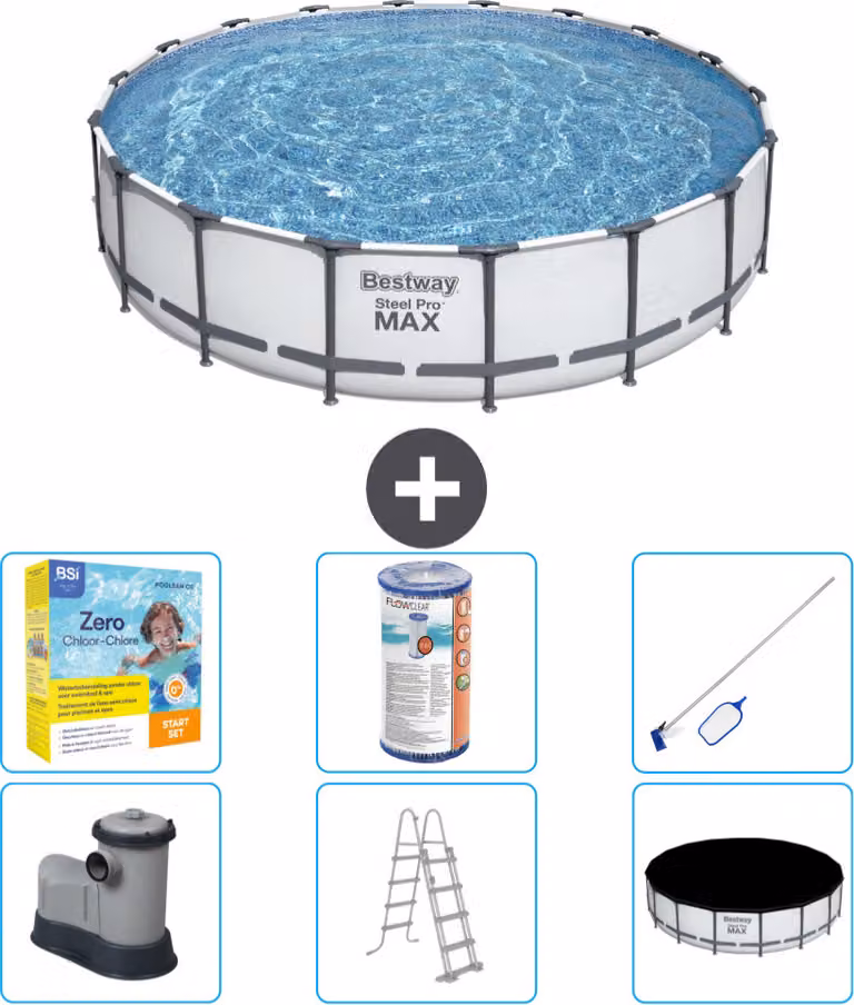 Piscina Bestway Round Steel Pro MAX - 549 x 122 cm - grigio - compresa pompa - scala - copertura pacchetto manutenzione - filtro - kit pulizia