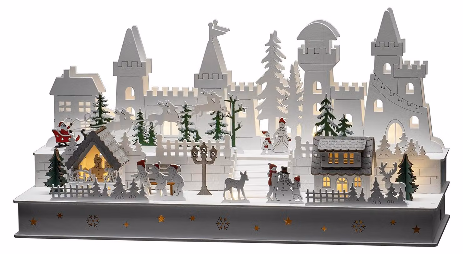Castello in legno con illuminazione a LED, 12 LED bianco caldo, dimensioni 45x23 cm, con timer