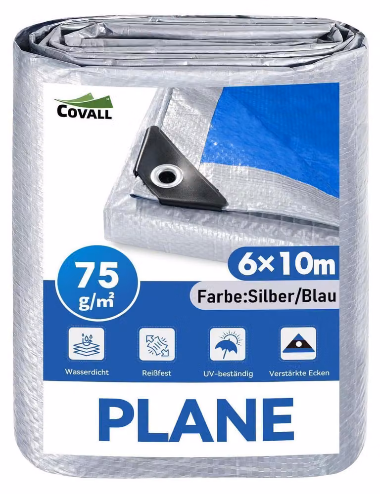 Telo impermeabile, dimensioni 6 x 10 metri, peso 75 g/m², in polietilene (PE), colore argento/blu, con occhielli