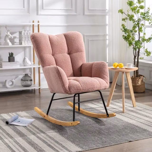 Poltrona a dondolo rosa 89x70x95 cm, schienale alto, tessuto peluche, legno/metallo