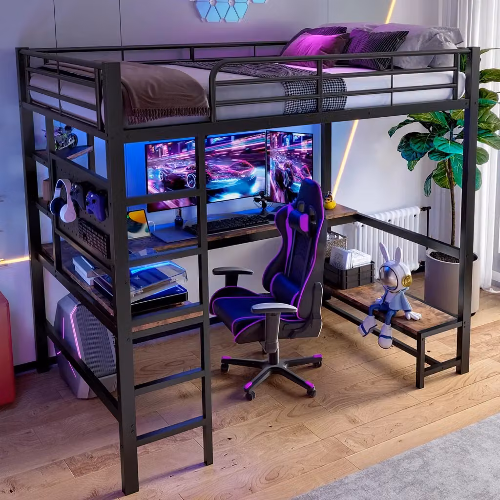 Letto a castello REDOM nero con scrivania, illuminazione LED e porta USB, L/P/H: 90 x 200 x 204 cm – 2