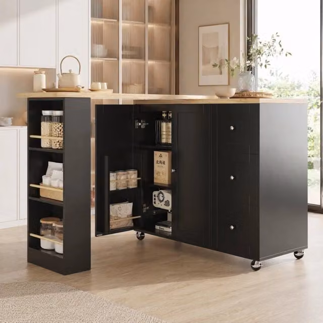 isola da cucina 203x39x106 cm nero – rotante a 360° con 3 cassetti e ruote
